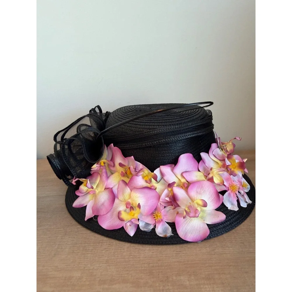 Giovannio New York Black Sun Hat Pink Orchid Floral Mesh Bow Kentucky Derby Hat